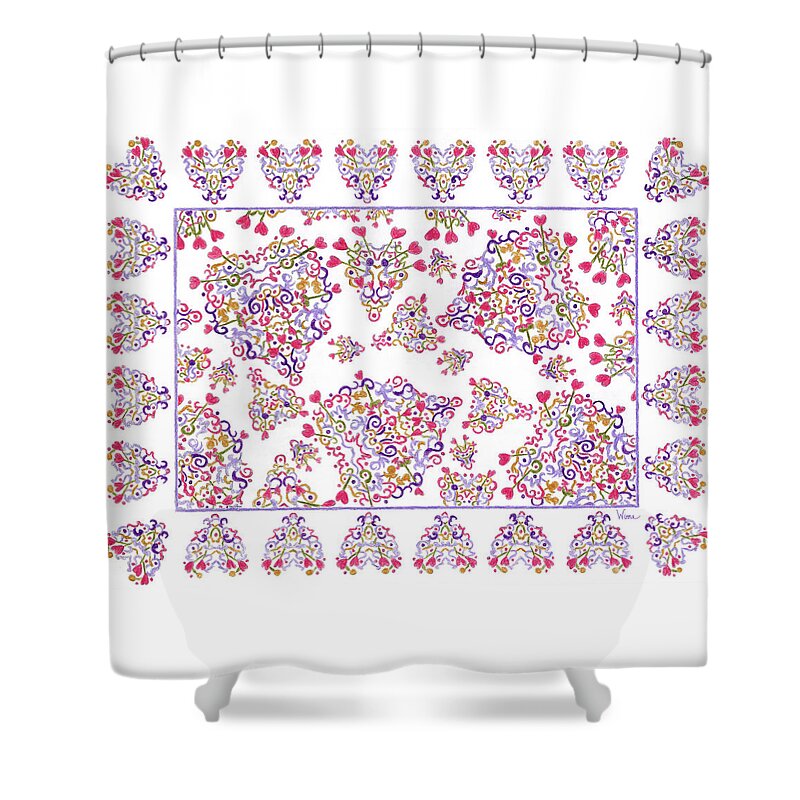 Lise Winne Shower Curtain featuring the drawing Floating Hearts with Border by Lise Winne