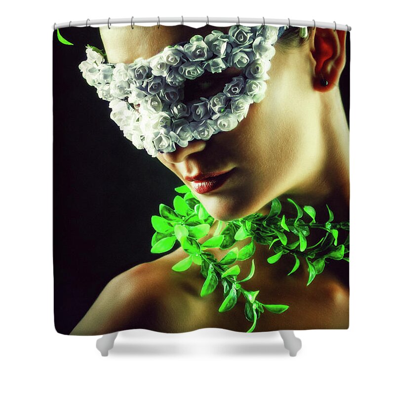 Art Shower Curtain featuring the photograph Flower Princess Woman wearing masquerade carnival mask by Dimitar Hristov