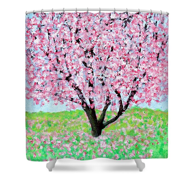 Landscape Cherry Flower Flowering Tree Spring Blossom Bloom Shower Curtain featuring the painting Flowering Cherry by Thomas Santosusso