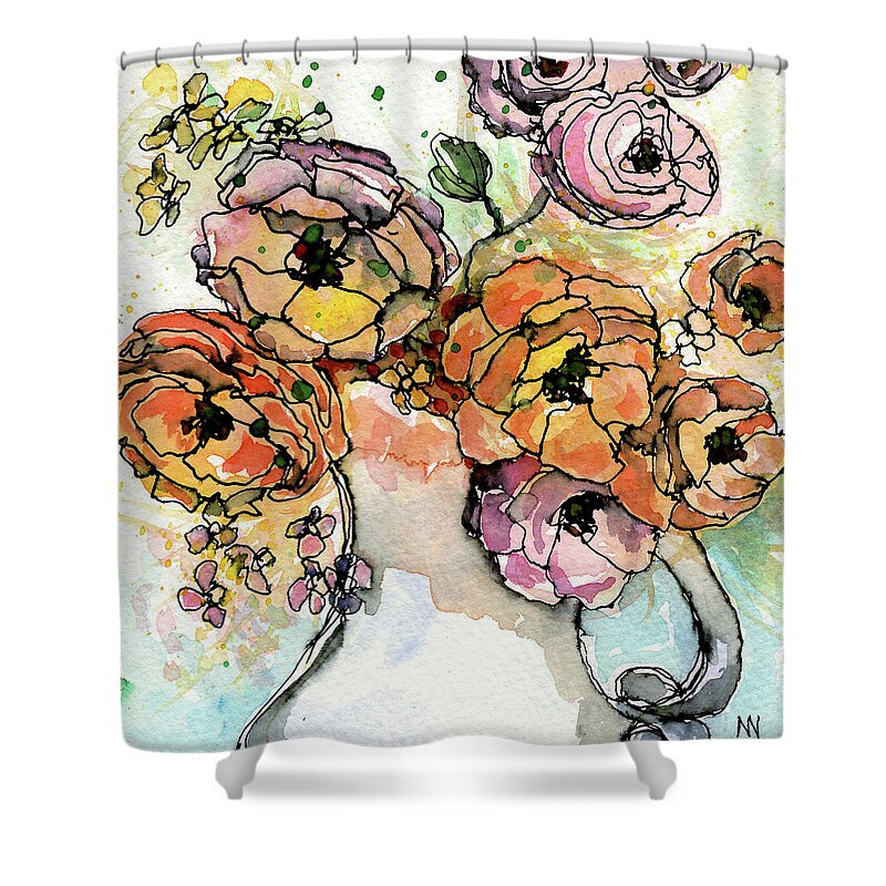 Watercolor Shower Curtain featuring the painting Flowers in Pitcher by AnneMarie Welsh