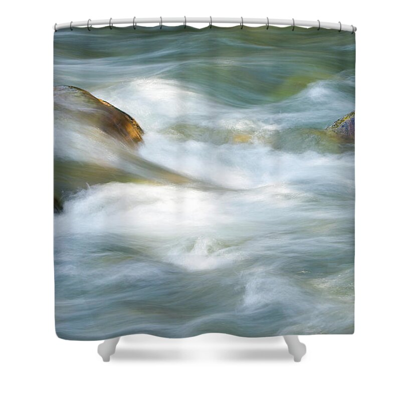 Blurred Motion Shower Curtain featuring the photograph Flowing River Water Over Rocks by Banksphotos