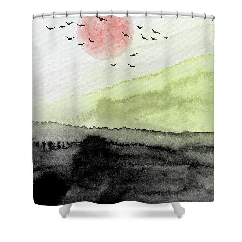Landscape Shower Curtain featuring the painting Flying Birds Watercolor by Naxart Studio