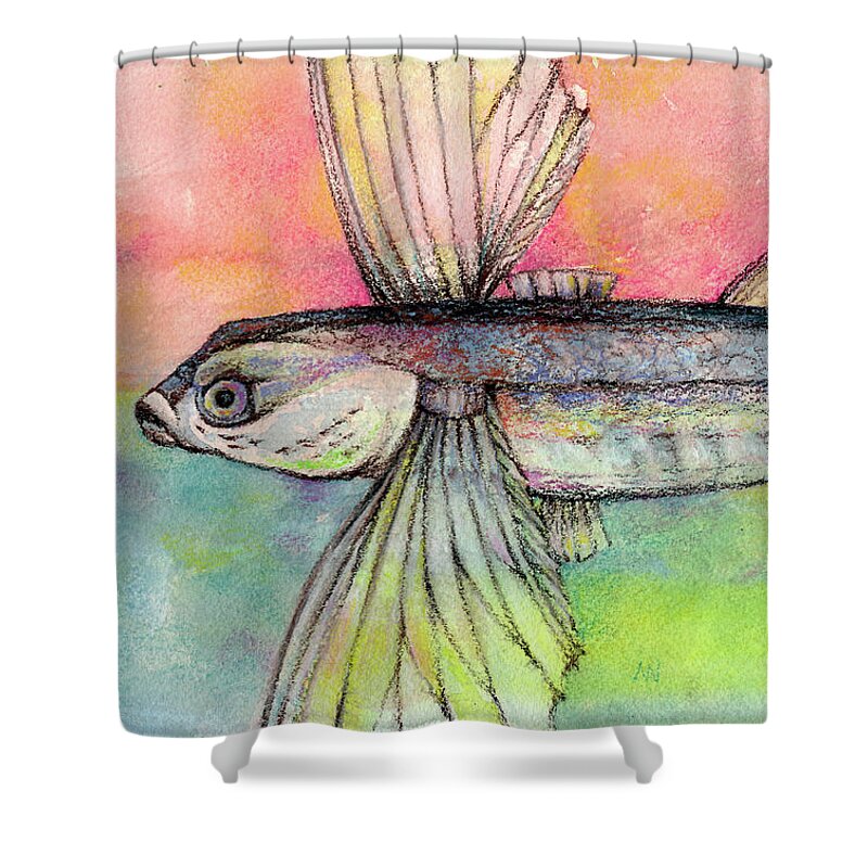 Flying Fish Shower Curtain featuring the pastel Flying Fish from Barbados by AnneMarie Welsh