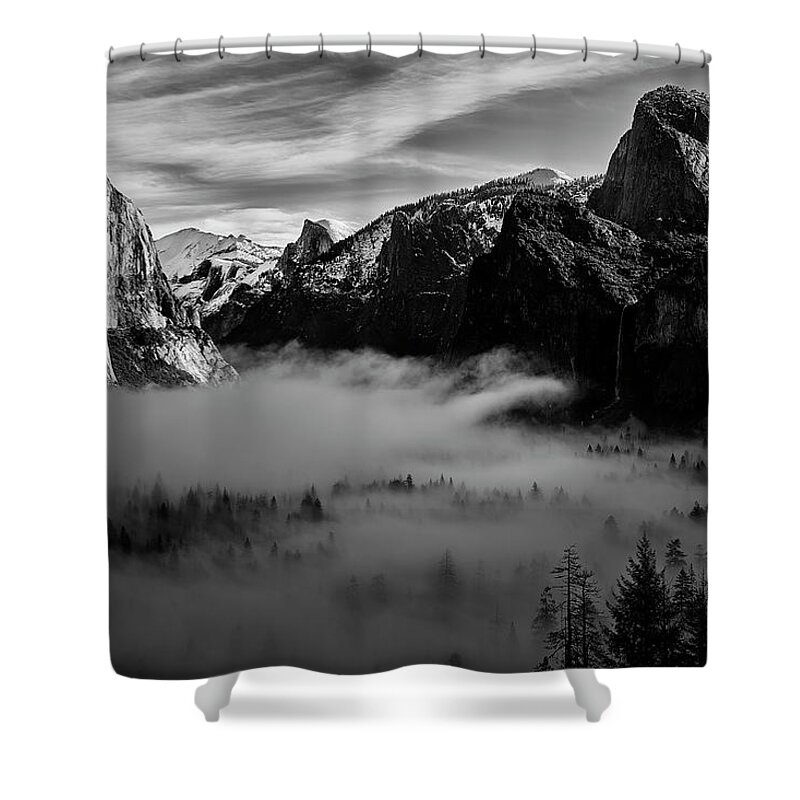 Black And White Shower Curtain featuring the photograph Fog in Yosemite by Jon Glaser
