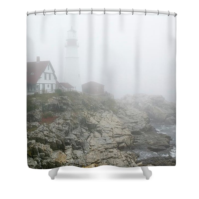 Built Structure Shower Curtain featuring the photograph Fog Shrouds The Portland Head by Visionsofamerica/joe Sohm