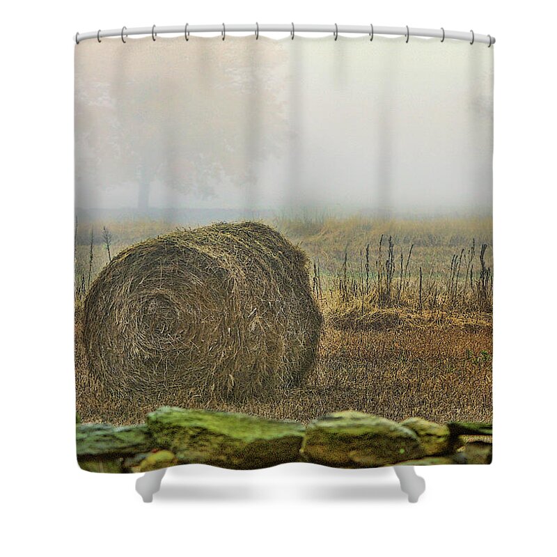 Bale Of Hay Shower Curtain featuring the photograph Foggy autumn morning near the beach by Cordia Murphy