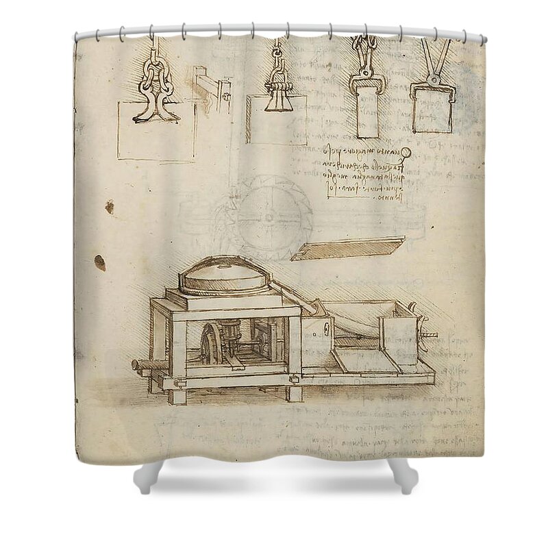 Codex Madrid I Shower Curtain featuring the drawing Folio f 22r. Codex Madrid I -Ms. 8937- 'Treaty of statics and mechanics', 192 folios with 384 pag... by Leonardo da Vinci -1452-1519-