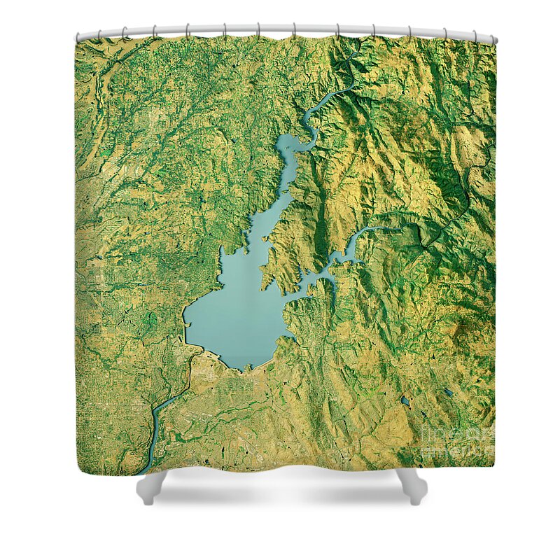 Folsom Lake Shower Curtain featuring the digital art Folsom Lake 3D Render Topographic Map Color by Frank Ramspott