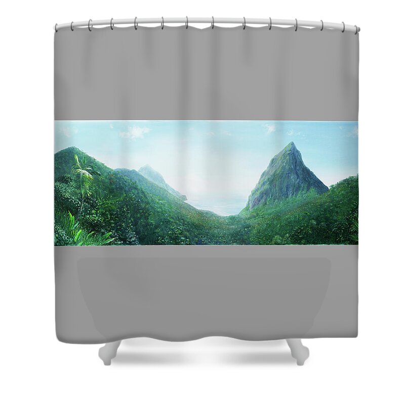 Caribbean Art Shower Curtain featuring the painting Fond Pitons by Jonathan Gladding