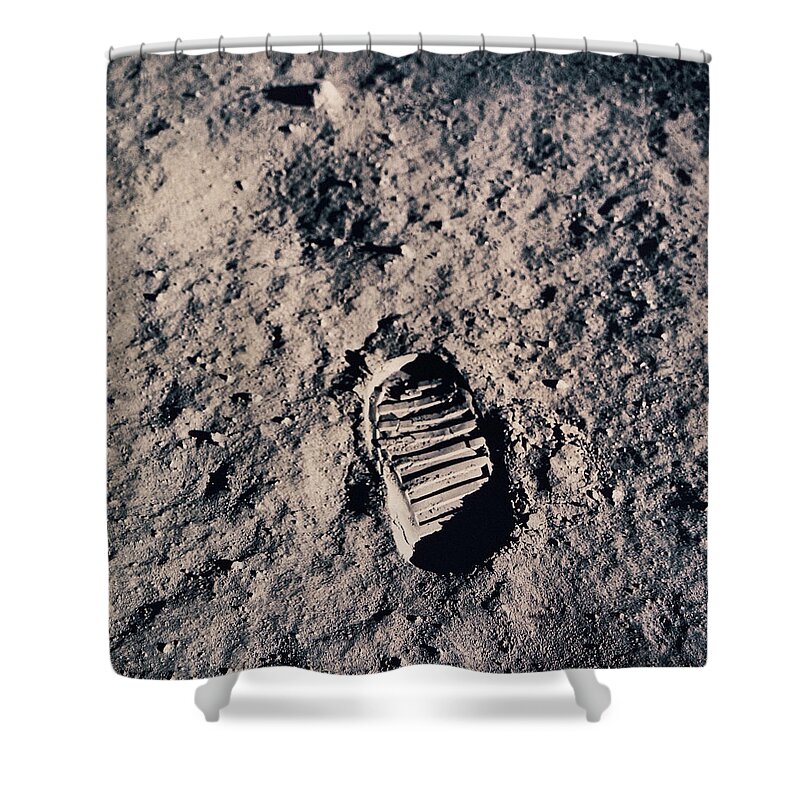 Dust Shower Curtain featuring the photograph Footprint On Lunar Surface by Stockbyte