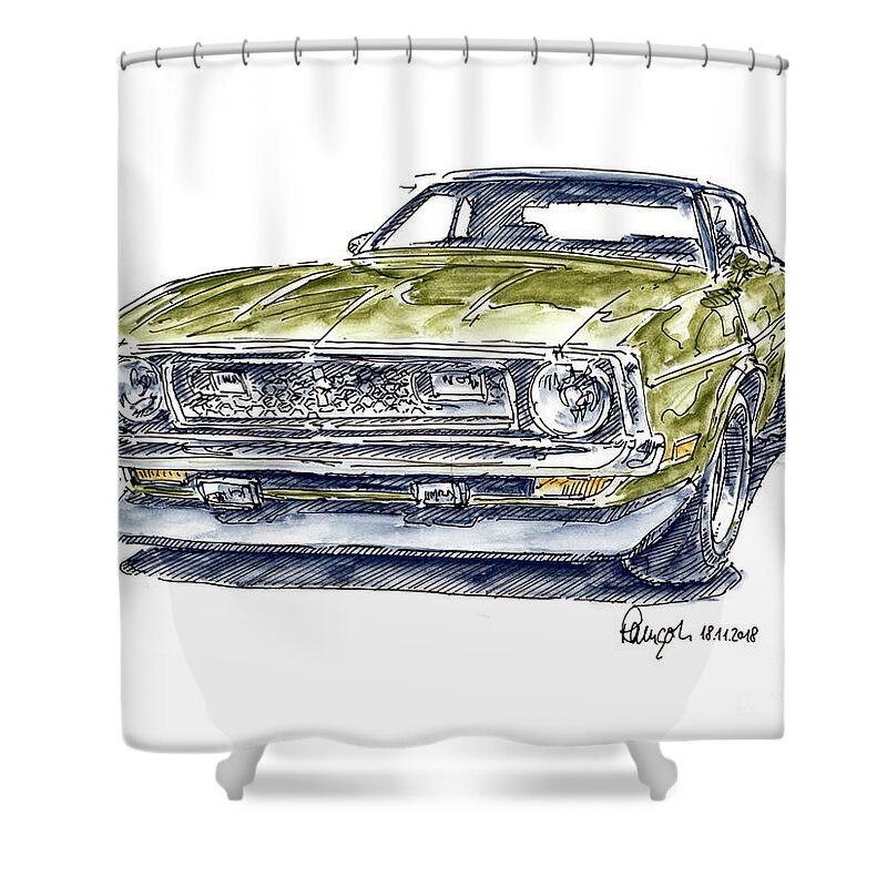 Mustang Shower Curtain featuring the drawing Ford Mustang Mach 1 Muscle Car Ink Drawing and Watercolor by Frank Ramspott