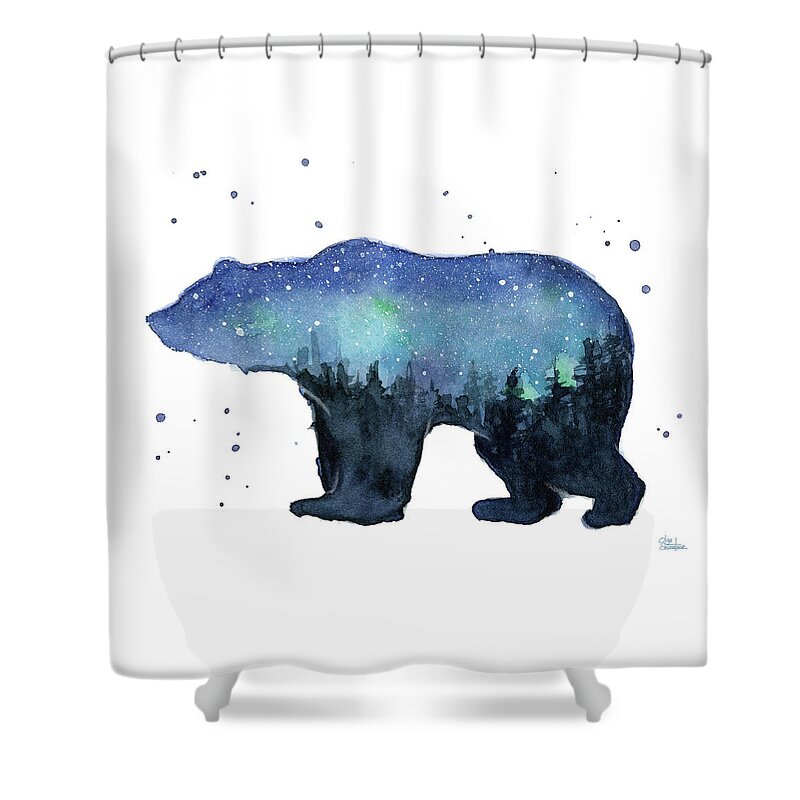 Galaxy Shower Curtain featuring the painting Forest Bear Watercolor Galaxy by Olga Shvartsur