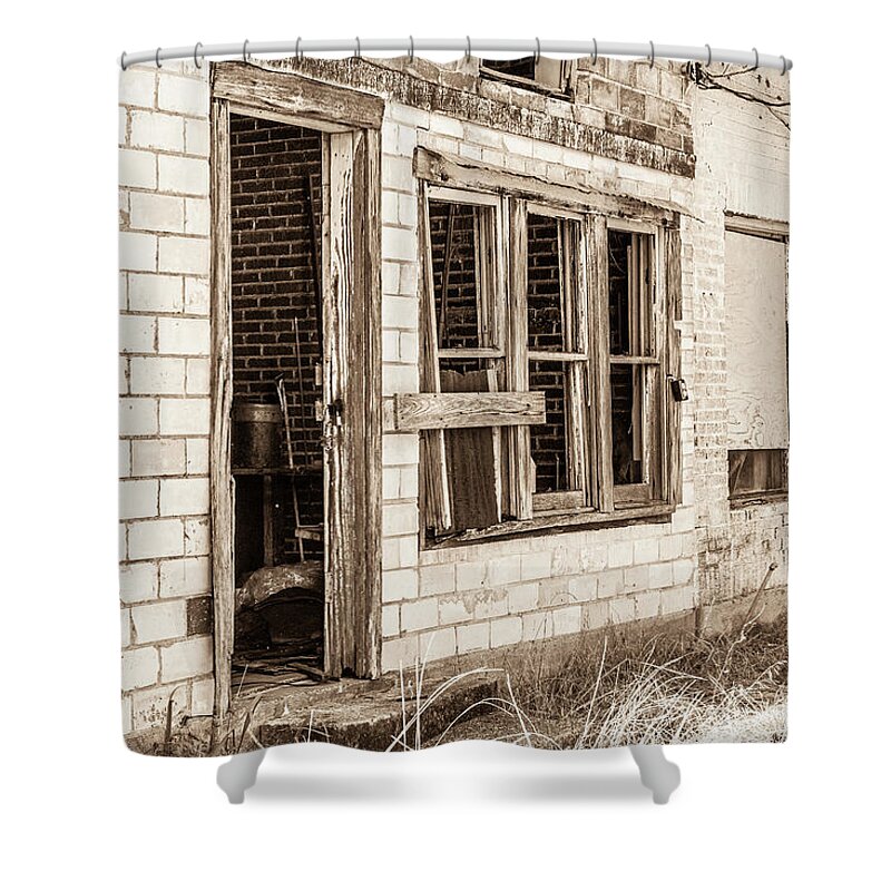 Photo Shower Curtain featuring the photograph Forgotten store sepia by Jason Hughes