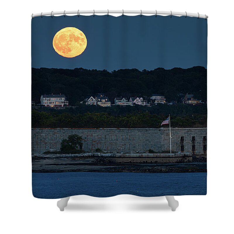 Maine Shower Curtain featuring the photograph Fort Gorges Moon by Colin Chase