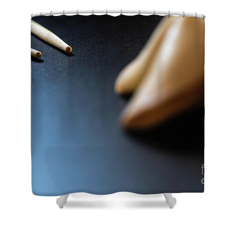 Asian Shower Curtain featuring the photograph Fortune cookies on black background with chopsticks and copy space. by Joaquin Corbalan