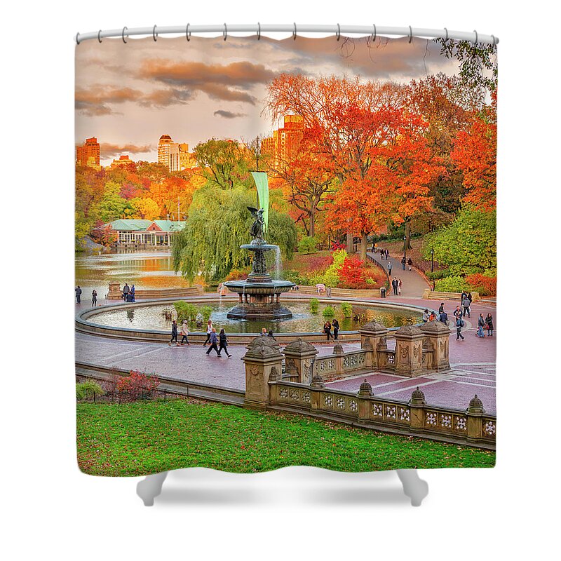 Estock Shower Curtain featuring the digital art Fountain In Central Park, Nyc by Pietro Canali