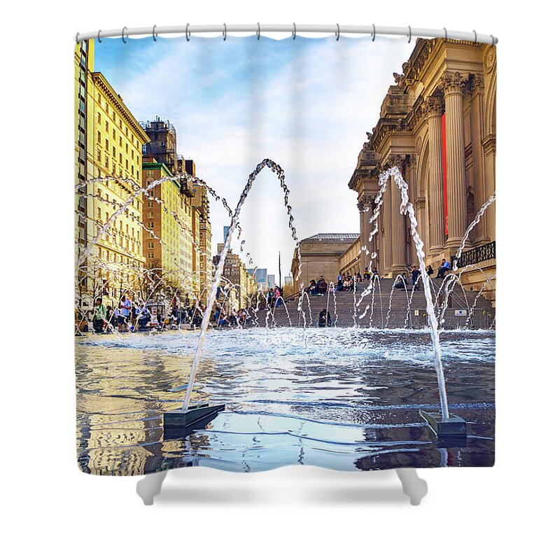 Estock Shower Curtain featuring the digital art Fountain In Front Of The Met, Nyc by Laura Zeid