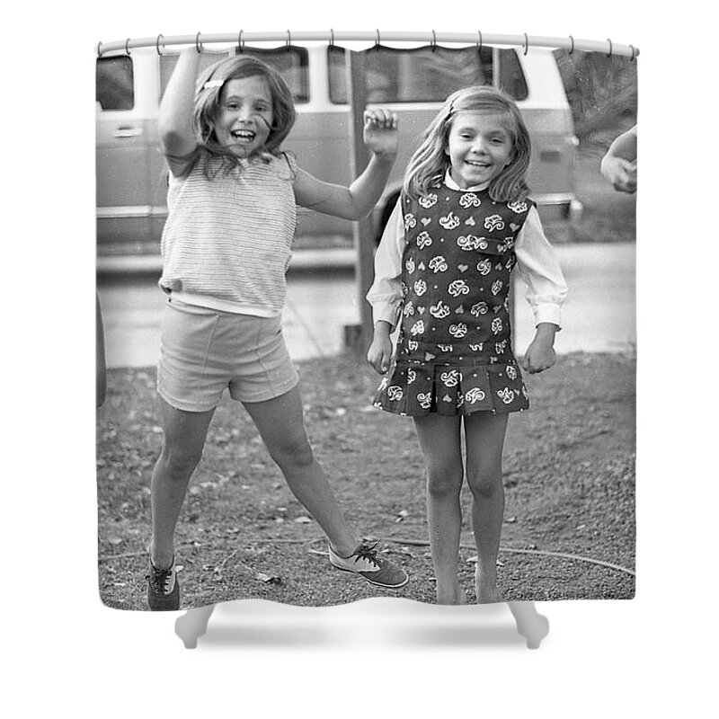 Jumping Shower Curtain featuring the photograph Four Girls, Jumping, 1972 by Jeremy Butler