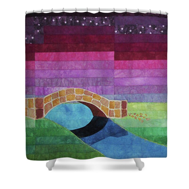 Bridge Shower Curtain featuring the tapestry - textile Four Patch Bridge at Sunset by Pam Geisel