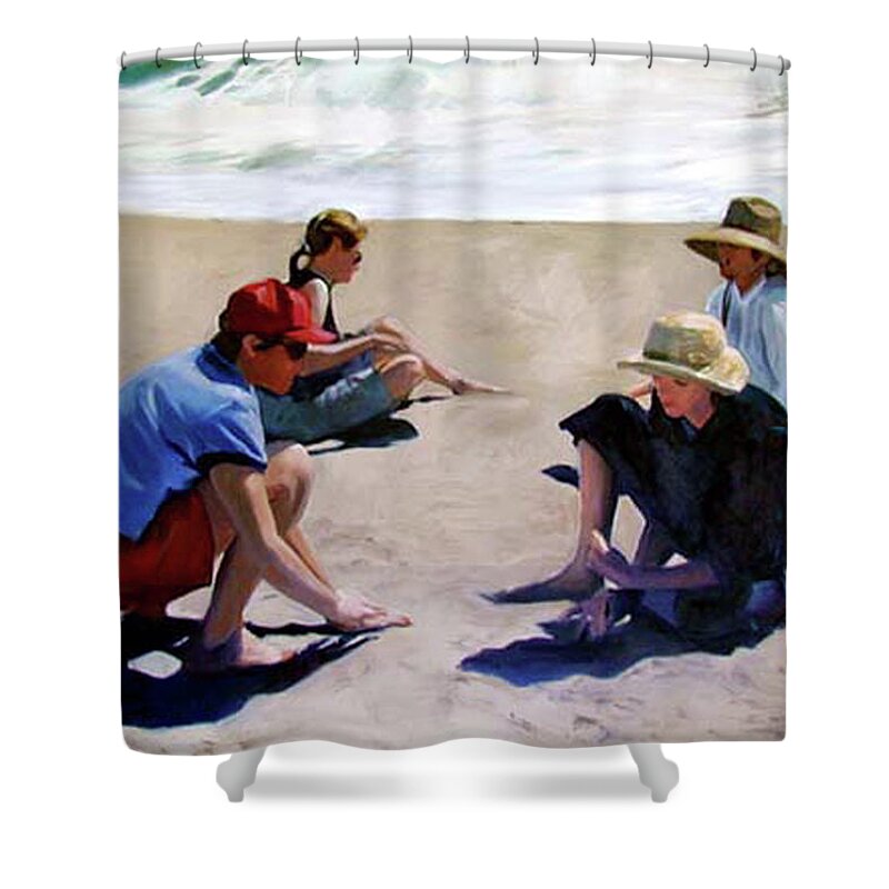 Landscape Shower Curtain featuring the painting Four Women on the Beach by Merle Keller