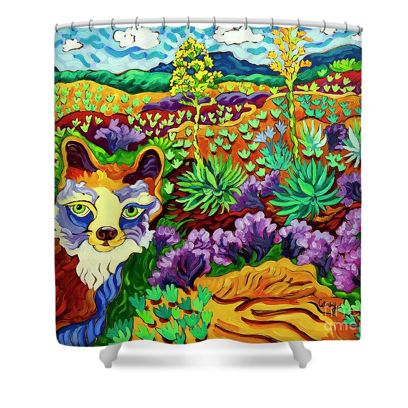 Fox Shower Curtain featuring the painting Fox on the Tail by Cathy Carey