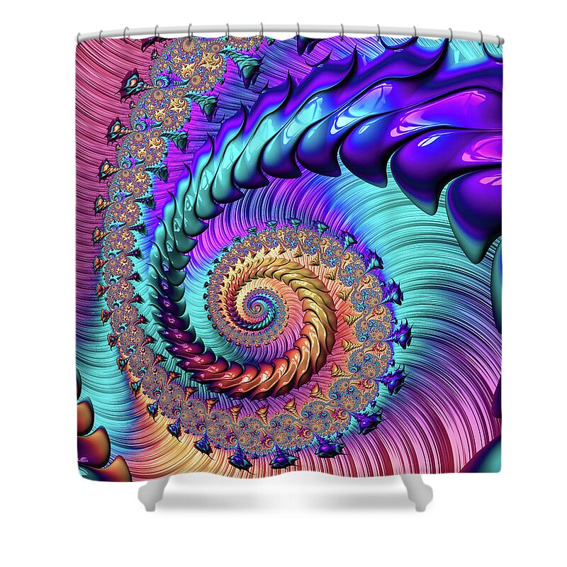 Fractal Shower Curtain featuring the digital art Fractal Spiral purple turquoise red by Matthias Hauser