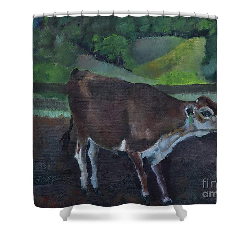 Baby Calf Shower Curtain featuring the painting Franks Cow - Mountain Valley Farms by Jan Dappen
