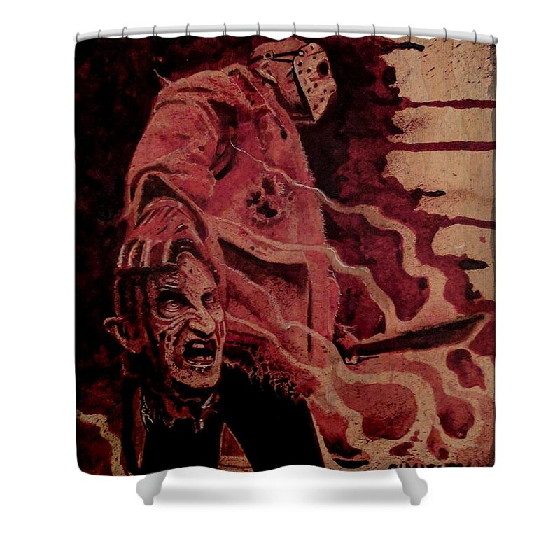Ryanalmighty Shower Curtain featuring the painting FREDDY vs JASON by Ryan Almighty