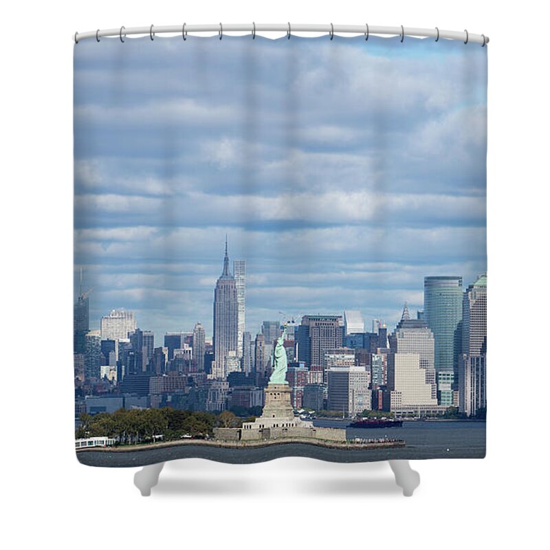 Freedom Tower With Lady Liberty Shower Curtain featuring the photograph Freedom Tower with Lady Liberty by Brooke Bowdren