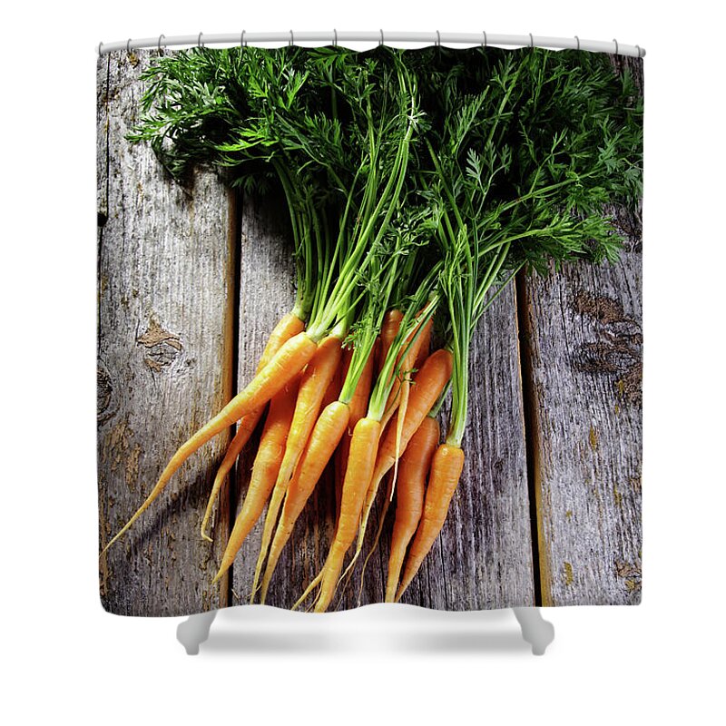 Close-up Shower Curtain featuring the photograph Fresh Carrots On Rustic Wood by Jurgen Wiesler