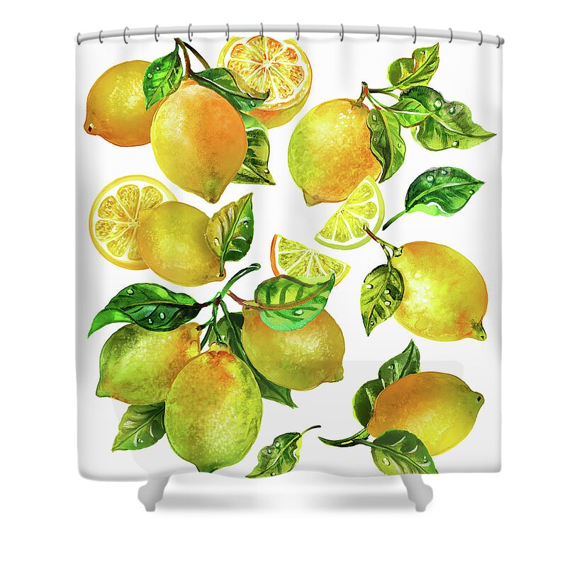 Balanced Shower Curtain featuring the painting Fresh Lemons With Leaves And Stalks by Ikon Images
