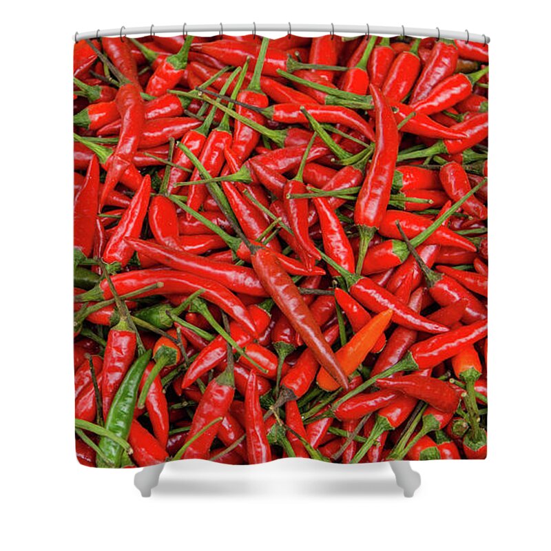 Food Shower Curtain featuring the photograph Fresh Red Chili Peppers by Ann Moore