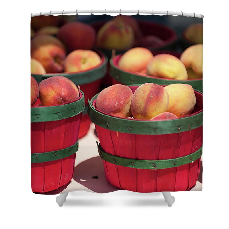 Retail Shower Curtain featuring the photograph Fresh Texas Peaches In Colorful Baskets by Txphotoblog - Randy Ennis