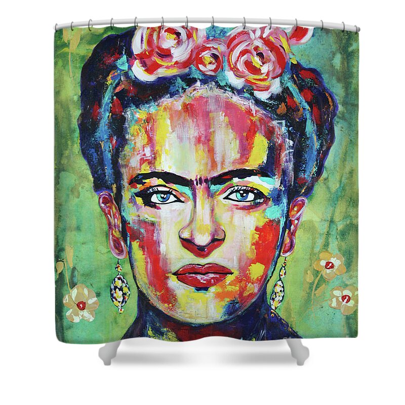 Frida Kahlo Shower Curtain featuring the painting Frida Kahlo Pink Flowers by Kathleen Artist PRO
