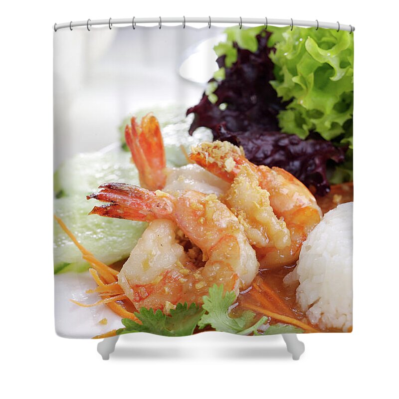 Thai Food Shower Curtain featuring the photograph Fried Shrimps With Garlic by Shyman