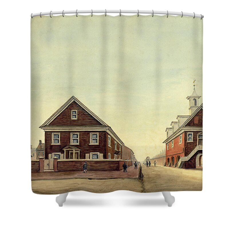 William Breton Shower Curtain featuring the drawing Friends Meeting House and Old Courthouse by William Breton
