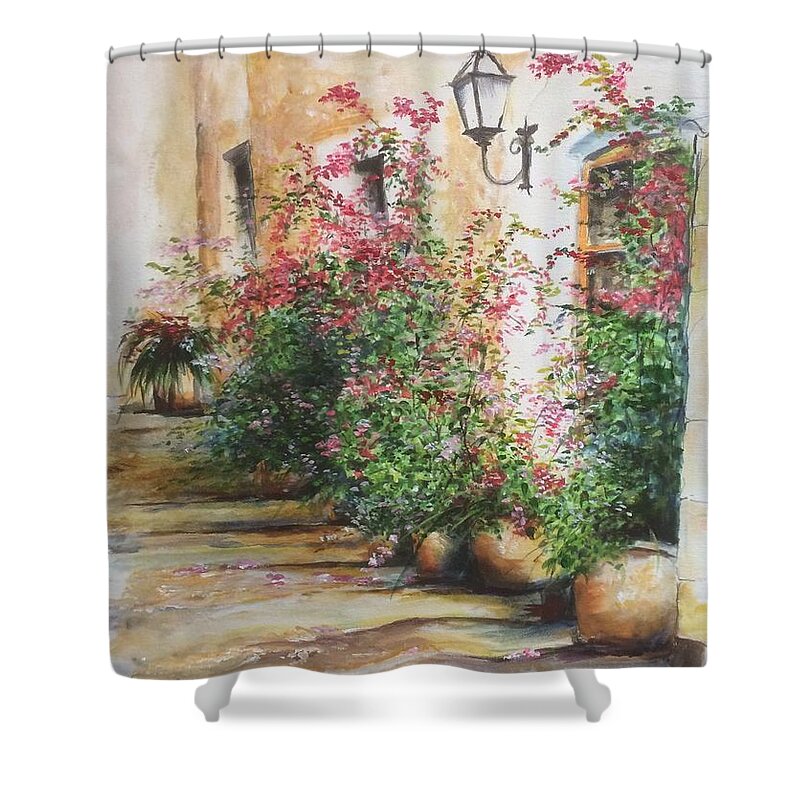 Baleares Shower Curtain featuring the painting Front door spectacle, Steps in the Old Town, Mallorca Balearics Spain by Lizzy Forrester