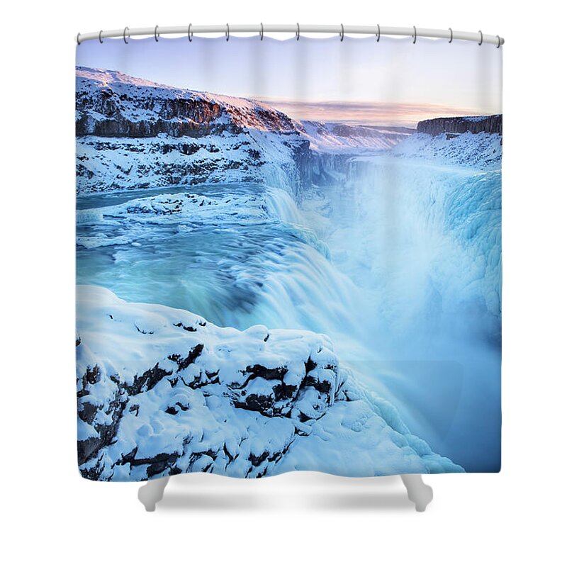Extreme Terrain Shower Curtain featuring the photograph Frozen Gullfoss Falls In Iceland In by Sara winter