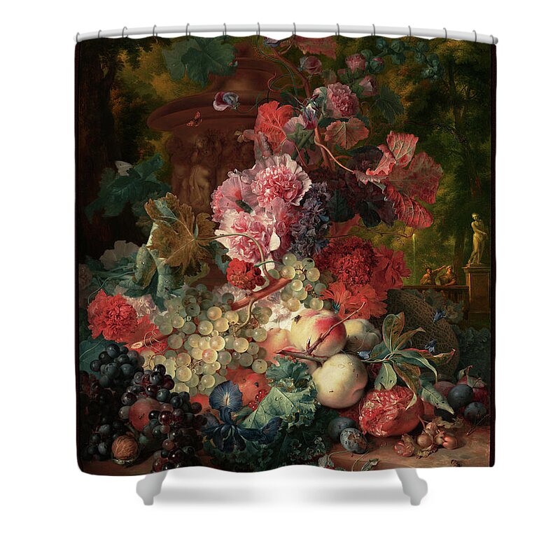 Vase Of Flowers Shower Curtain featuring the painting Fruit Piece by Jan van Huysum by Rolando Burbon