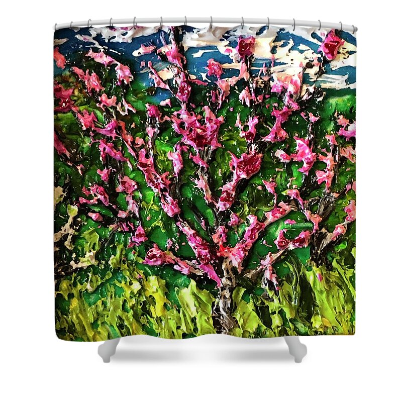  Shower Curtain featuring the painting Peach Trees in the Garden by Julene Franki