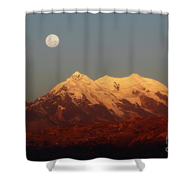 Bolivia Shower Curtain featuring the photograph Full moon rise over Mt Illimani by James Brunker