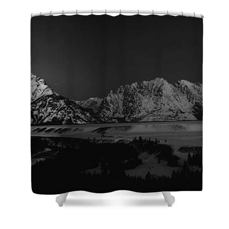 Full Moon Shower Curtain featuring the photograph Full Moon Sets in the Tetons Panorama by Raymond Salani III