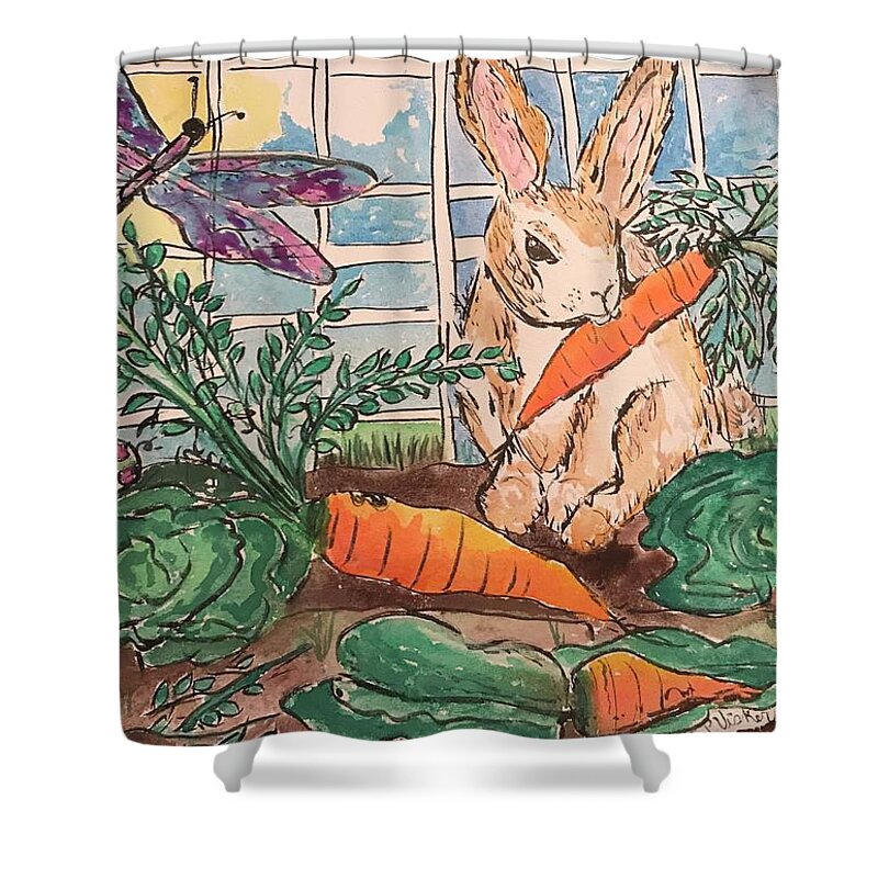 Bunny Shower Curtain featuring the painting Garden Party by Dottie Visker