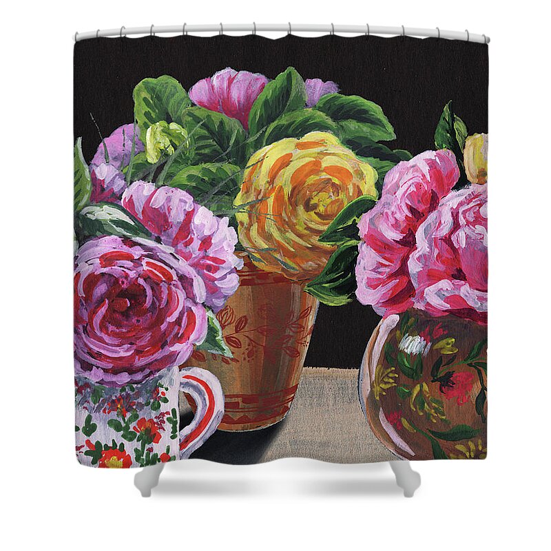 Pink Shower Curtain featuring the painting Garden Roses In Vases Floral Impressionism by Irina Sztukowski