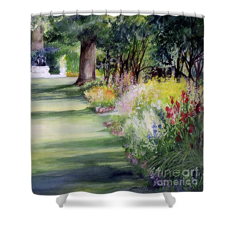 Landscape Watercolor Shower Curtain featuring the painting Garden Shadows by Laurie Rohner