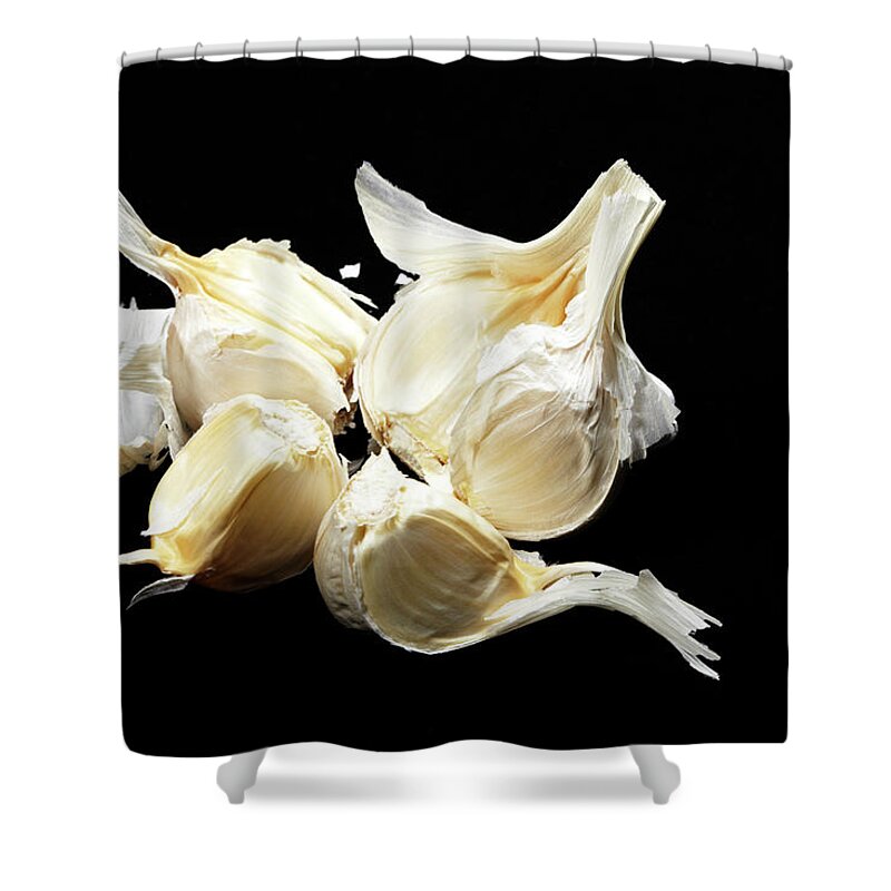 Black Background Shower Curtain featuring the photograph Garlic by Yuji Kotani