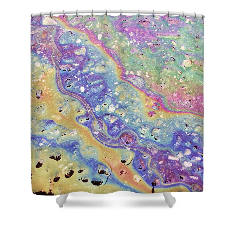Environmental Damage Shower Curtain featuring the photograph Gasoline Spill On Pavement, Background by William Andrew