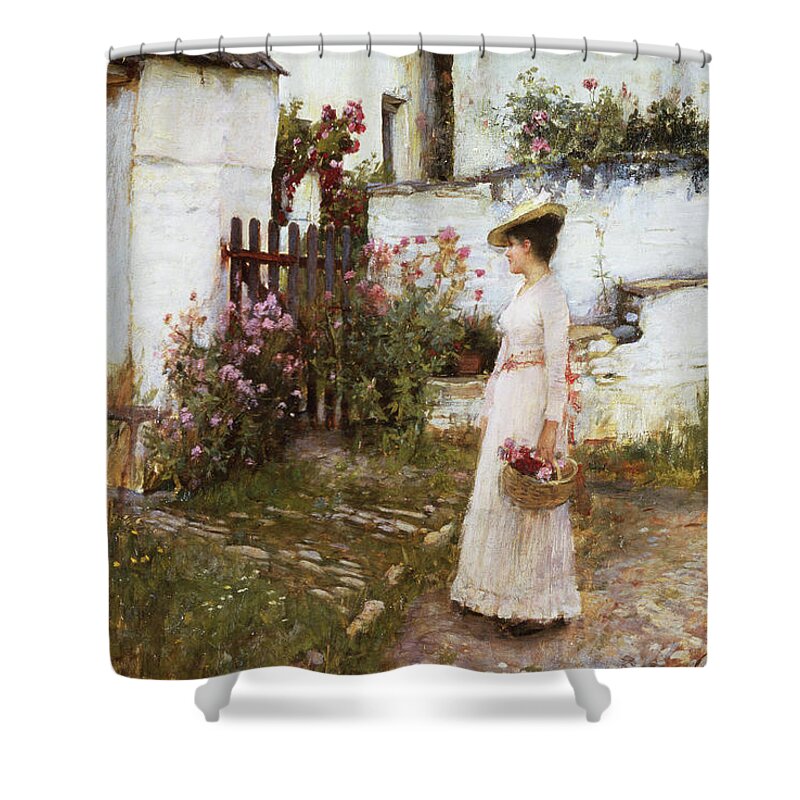 19th Century Shower Curtain featuring the painting Gathering Summer Flowers In A Devonshire Garden, 1893 by John William Waterhouse