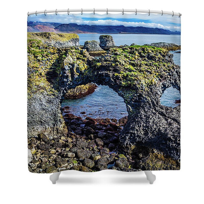 Arch Shower Curtain featuring the photograph Gatklettur, Arnarstapi, Iceland by Lyl Dil Creations