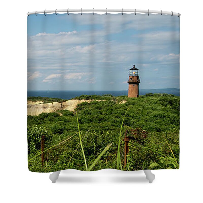 Gay Head Lighthouse Shower Curtain featuring the photograph Gay Head Lighthouse - Pano by Phyllis Taylor